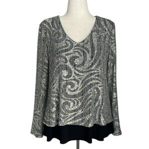Joseph Ribkoff Silver Metallic Swirl Top Women’s Size 10 Black Layered Hem